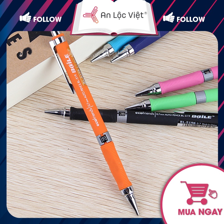 Set 2 Bút chì bấm cơ khí Baile BL-519B ngòi 2B, kích thước 0.5mm - 0.7mm