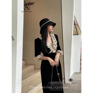 VÁY NHUNG ĐEN PHỐI REN CỔ V