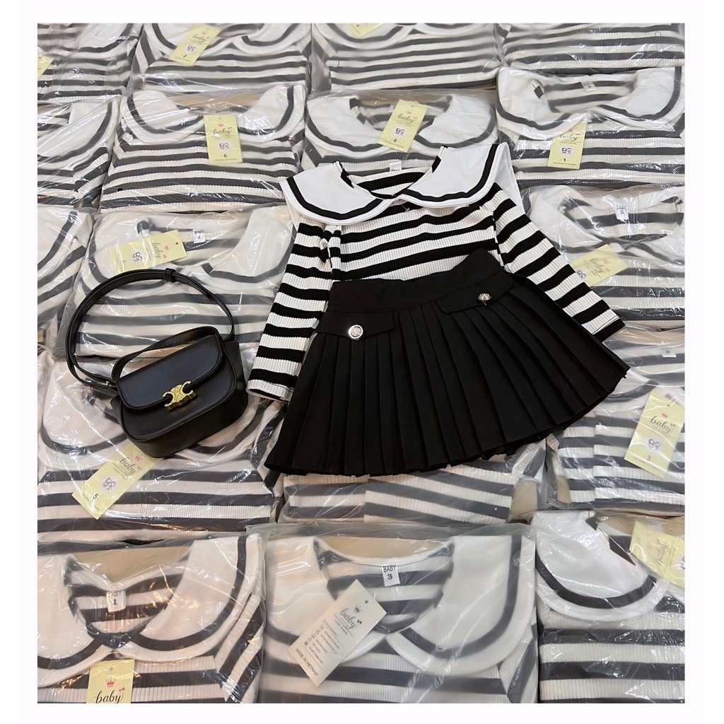 Set Váy Thu Đông Cho Bé Gái WOWKIDS Chất Len Tắm Dày Dặn Kèm Chân Váy Dập Ly