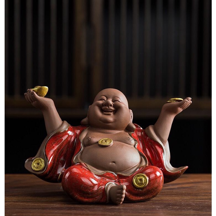 Tượng Di Lặc hoan hỉ tài lộc cỡ nhỏ cao cấp sắc nét men hỏa biến- Tượng Di Lặc gốm tử sa trang trí bàn trà, quà tặng