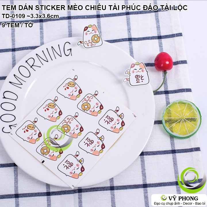 TEM DÁN STICKER NHÃN DÁN HÌNH MÈO CHIÊU TÀI CHỮ PHÚC ĐẠI CÁT ĐỒNG VÀNG NIÊM PHONG DECOR BAO BÌ HỘP QUÀ TẶNG TD-0109