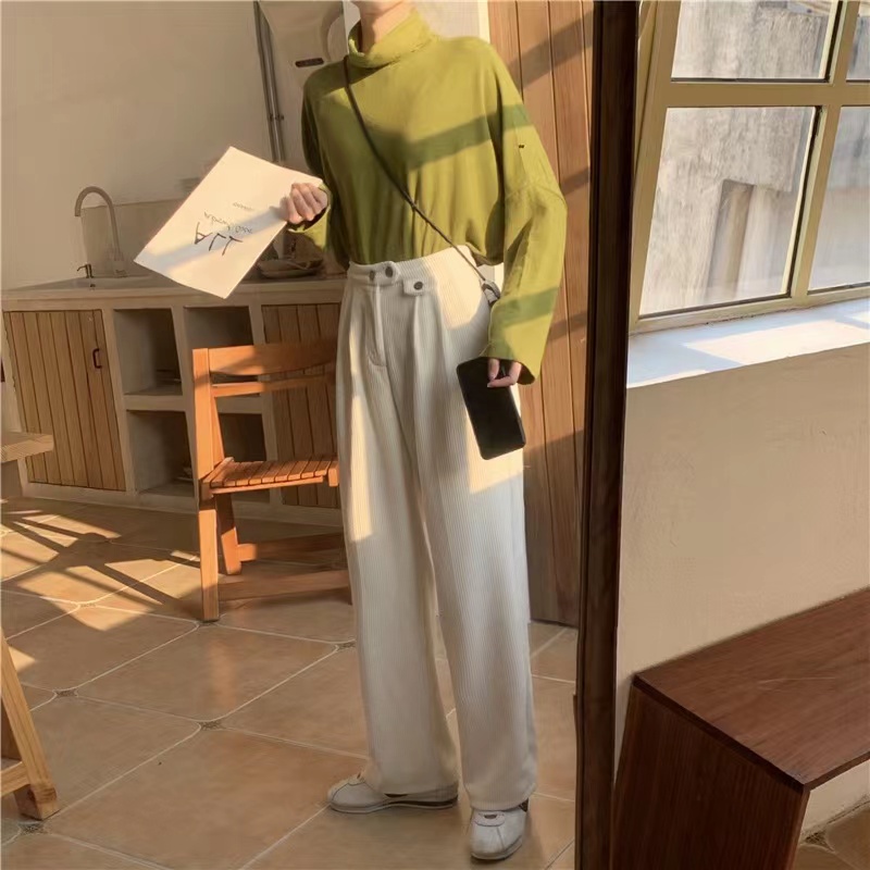 Quần dài SUXI lưng cao ống rộng màu sắc đơn giản thời trang cho nữ