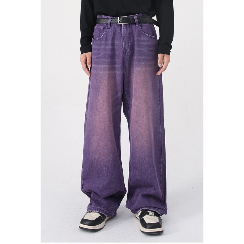 Quần jeans dáng widefit cạp cao đáy thụng màu tím phong cách streetwear, retro, Nhật Bản