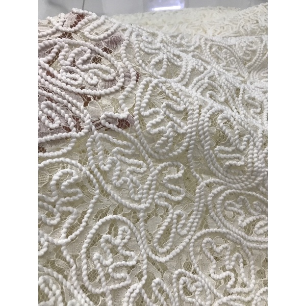 Vải ren kết dây thừng màu trắng kem co dãn dày mềm đẹp sang (khổ 1m5) may đầm váy áo dài …cực kỳ xinh