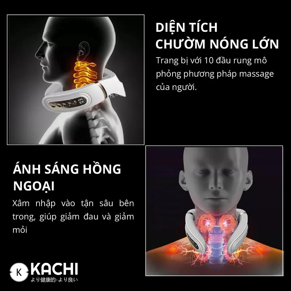 Máy massage cổ không dây 10 đầu rung nhiệt cao cấp Kachi MK350 hỗ trợ tăng tuần hoàn máu não, giảm đau đầu, đột quỵ