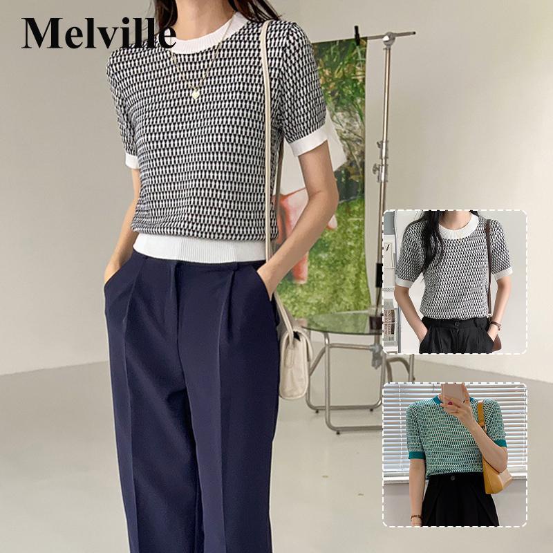 MELVILLE Áo thun nữ dệt kim tay ngắn cổ tròn nhiều màu tùy chọn đơn giản thời trang