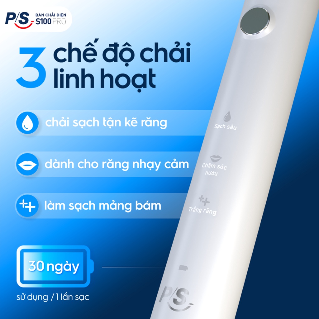 Bàn Chải Điện P/S S100 PRO - Công Nghệ Sóng Âm, Chải Sạch Mảng Bám Tới 10X - Trắng Sáng