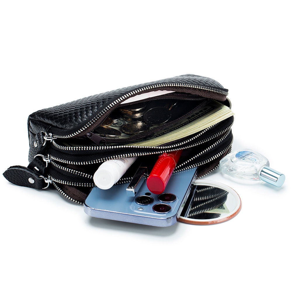 Túi Xách Da Bò Thật Họa Tiết Hạt Dưa Khóa Kéo Ba Lớp Thời Trang Mới Cho Nữ