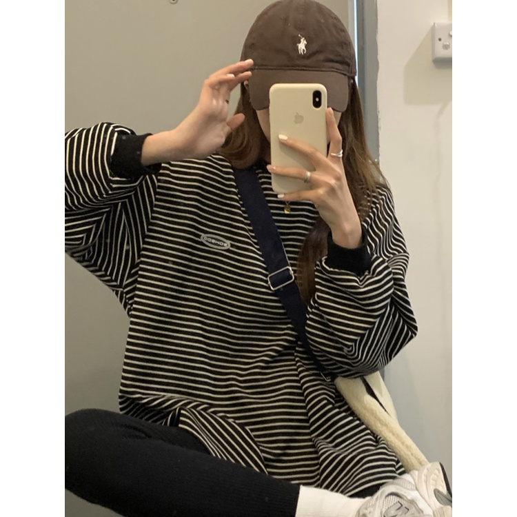 Áo Thun Nữ Dài Tay Kẻ Sọc Đen Ngang Đơn Giản Trắng Dáng Rộng Tay Bồng Phong Cách Hàn Quốc Hottrend Mặc Đi Học Đi Làm