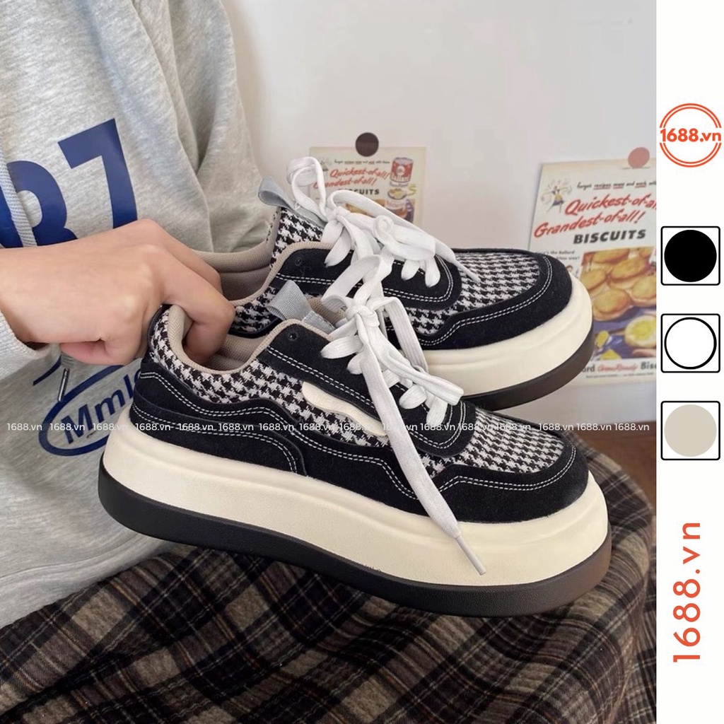 Giày Thể Thao Nữ Đế Độn Hoạ Tiết Houndstooth Đế Bánh Mì Tăng Chiều Cao