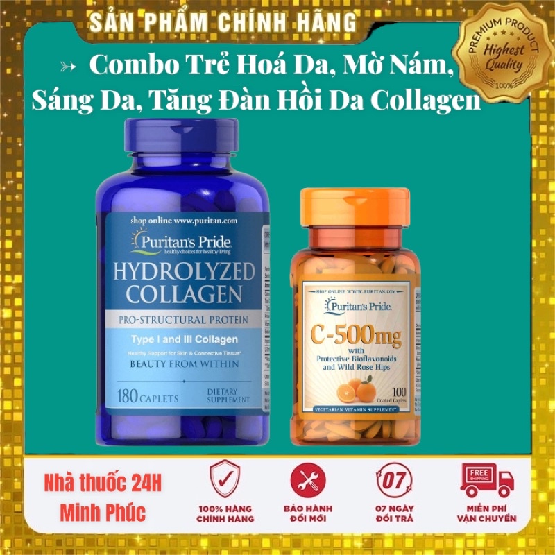 Combo Trẻ Hoá Da, Mờ Nám, Sáng Da, Tăng Đàn Hồi Da Collagen Thuỷ Phân Hydrolyzed Collagen &amp; Vitamin C Puritan's Pride