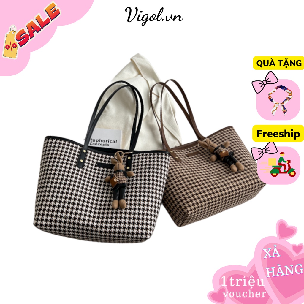 Túi Xách Nữ to kẻ dạ công sở mang đi làm, đi học, đi dạy thoải mái tặng kèm gấu