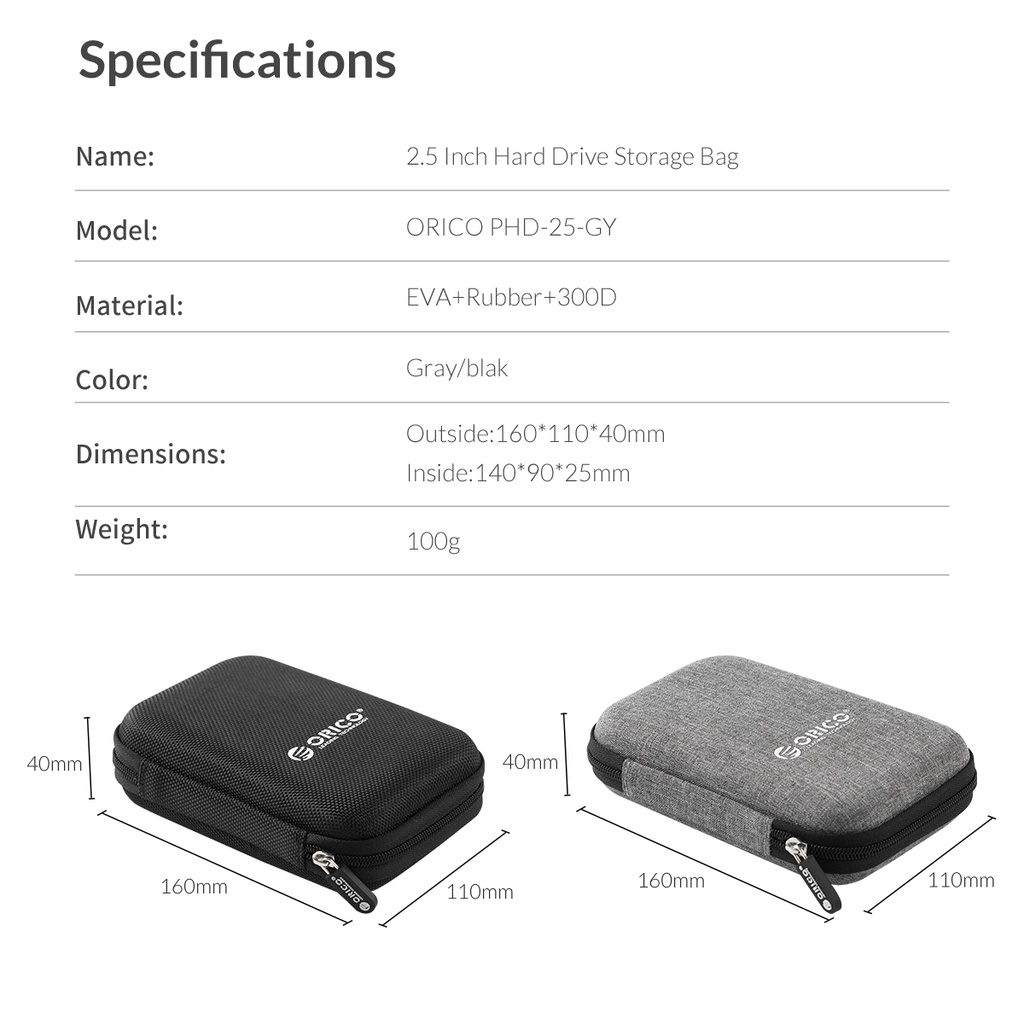 ORICO 2.5 inch HDD/SSD ổ cứng nhà ở HDD bảo vệ lưu trữ túi xách tay bên ngoài ổ cứng USB phụ kiện gói (PHD-25)