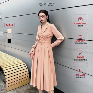 Đầm Nữ 𝐂𝐂𝐇𝐀𝐓 Cổ Ve Kiểu Dập Ly Kèm Đai Chất Tuytsi Cao Cấp 22VNS2009LT