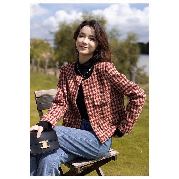 Áo dạ tweed kẻ siêu xinh, áo khoác dạ có đệm vai 2 lớp dày dặn