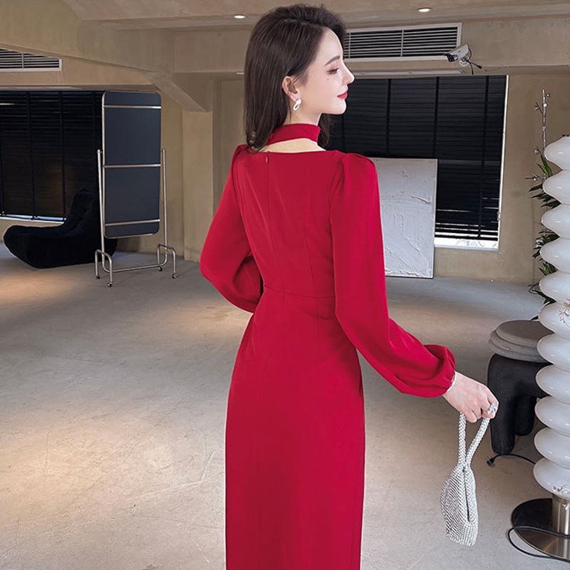 Ielgy hepburn Đầm Dáng Thẳng Tay Lồng Đèn Cổ Bẻ Xẻ Tà Phong Cách hepburn Cho Nữ