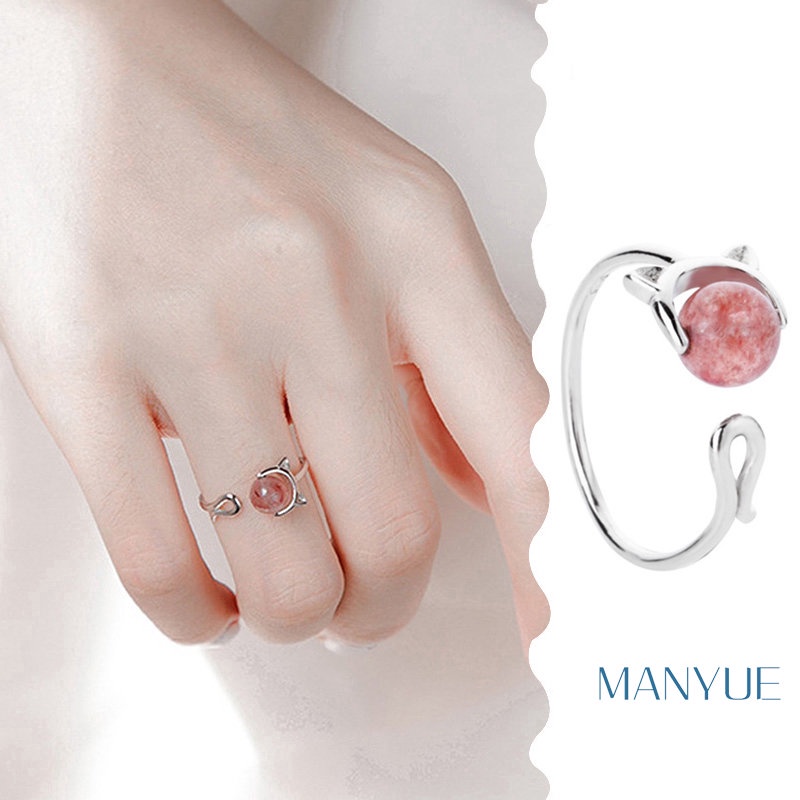 MANYUE Exquisite Nhẫn dạng hở thời trang nữ đính đá pha lê màu bạc kiểu dáng mèo con