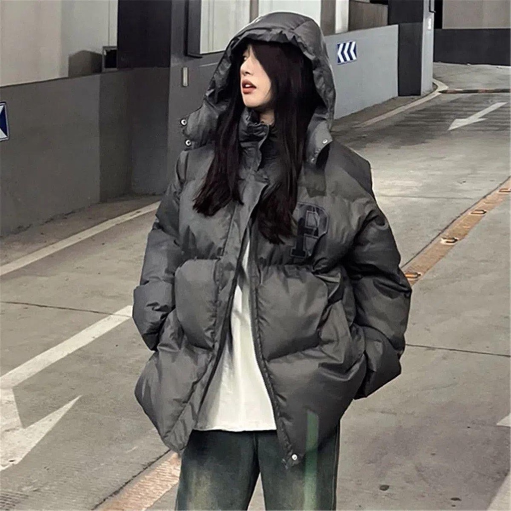 Áo Khoác Da pu Có Nón Trùm Đầu In Chữ P Phong Cách Mỹ Cho Nữ