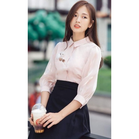 Áo sơ mi nữ tay lộ đính hoa 3 D siêu xinh