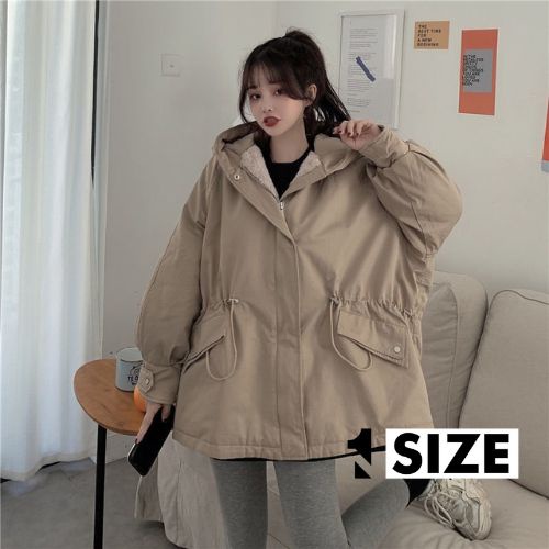 Áo khoác kaki lót lông dây rút eo liền mũ siêu rộng 2 màu đen, nâu dễ mặc dễ phối 1SIZESHOP