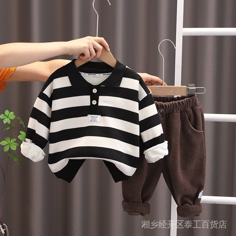 Set Đồ Thu Đông Hai Món Gồm Áo Lót Lông Cừu Tay Dài Và Quần Dài Kẻ Sọc Thời Trang Mới 2022 IJ5Z Cho Bé Trai