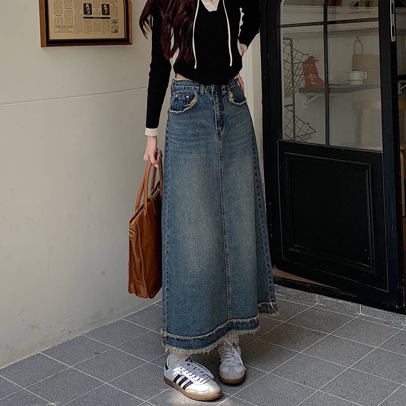 Chân váy jean dài chân váy bò dài chân váy xếp ly Chân Váy Denim Lưng Cao Thời Trang Thu Đông Hàn Quốc Mới 2022 Dành Cho Nữ