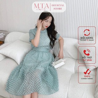 SET BỘ VÁY ÁO xanh ngọc ,sét váy 3 tầng,áo cổ đứng tơ hoa bông nổi 3D MTA CLOSETS sang trọng,nữ tính MTA-S22019