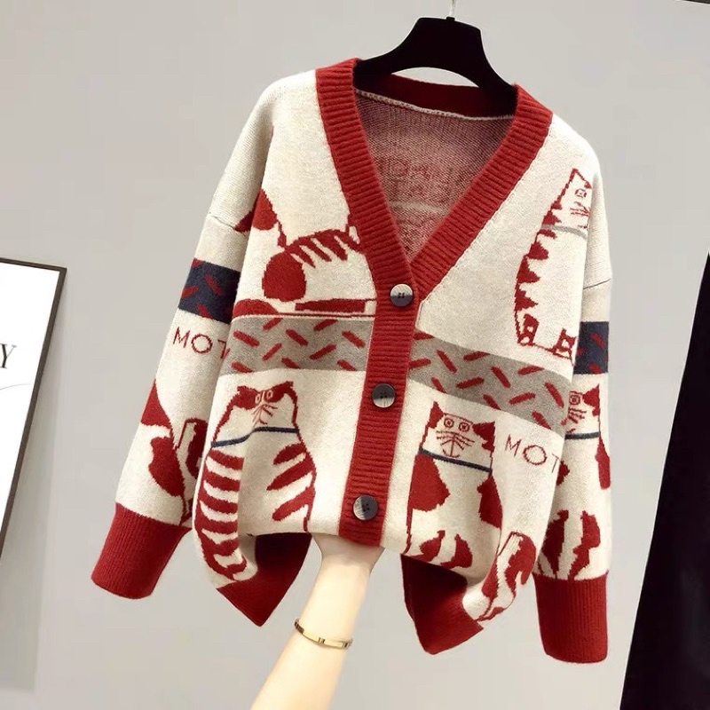 Áo cardigan len hoạ tiết chú mèo xinh xắn