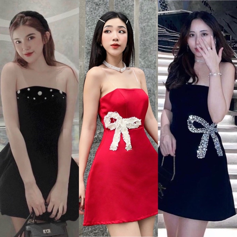 ĐẦM ỐNG ĐEN TRẮNG ĐỎ CÚP NGỰC PHỐI NƠ CƯỜM (về thêm loại đính ngực)