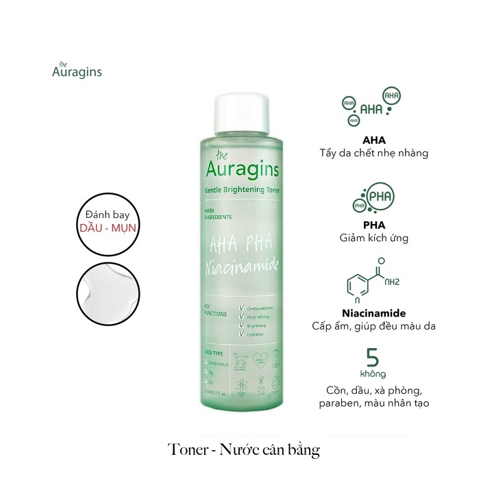 [HB Gift] Nước cân bằng sáng da, ngừa mụn AHA PHA The Auragins Gentle Brightening Toner 150ml