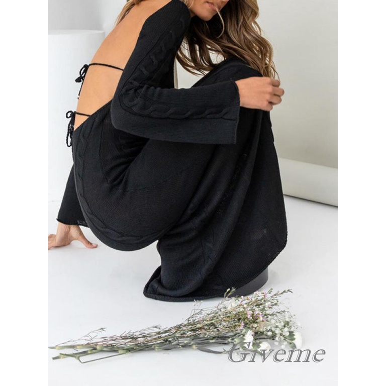 Áo Liền Quần Nữ Tay Dài Cổ Chữ U Hở Lưng Màu Trơn Thời Trang