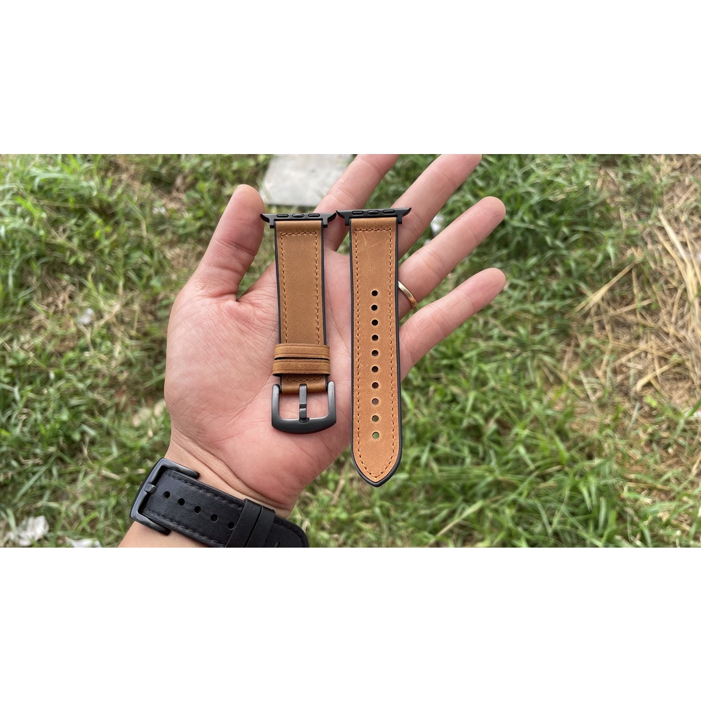 Dây da sáp dầu Vintage cao cấp 40/44/38/42mm kèm hộp gỗ cho Apple watch Series 7 6 SE 5 4 3 2 41mm 45mm