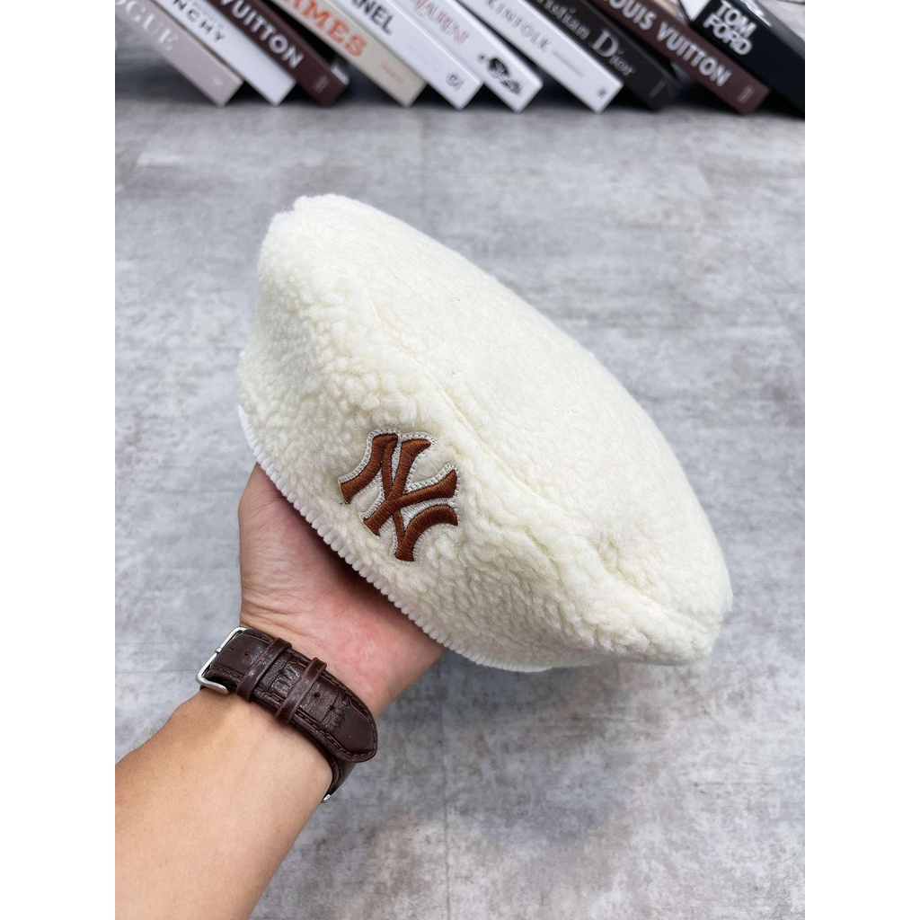 Nón Beret Chất Lông Cừu Màu Trắng Ngà/Đen Thêu Logo NY Dn.Storevnxk