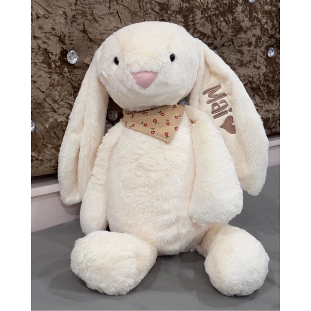 Thỏ bông trắng kem lông mịn cao cấp size to 60cm kèm yếm hoa dễ thương thú nhồi bông quà tặng|Gauxinhcorner