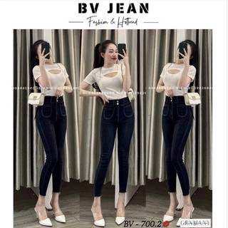Quần jean ôm cạp cao 2 cúc túi tròn bv jean quần ôm nữ co giãn tôn dáng