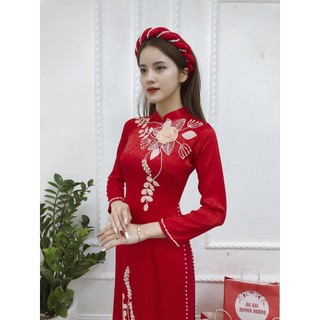 Áo dài truyền thống, áo dài gấm tơ 4 tà màu đỏ đính kết hoa 3D by Quỳnh Hương