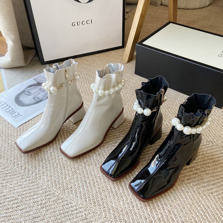 Boot nữ cổ thấp gót vuông da PU mềm khóa sau thời trang có size ngoại cỡ cực êm chân hàng Quảng Châu cao cấp 6.5CM