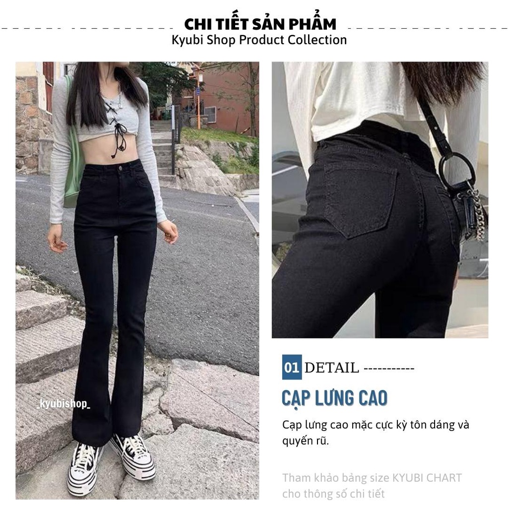 Quần jean ống loe đen KYUBI cạp lưng cao chất jean cao cấp co dãn - Quần jeans nữ ống bass vẩy BJR68