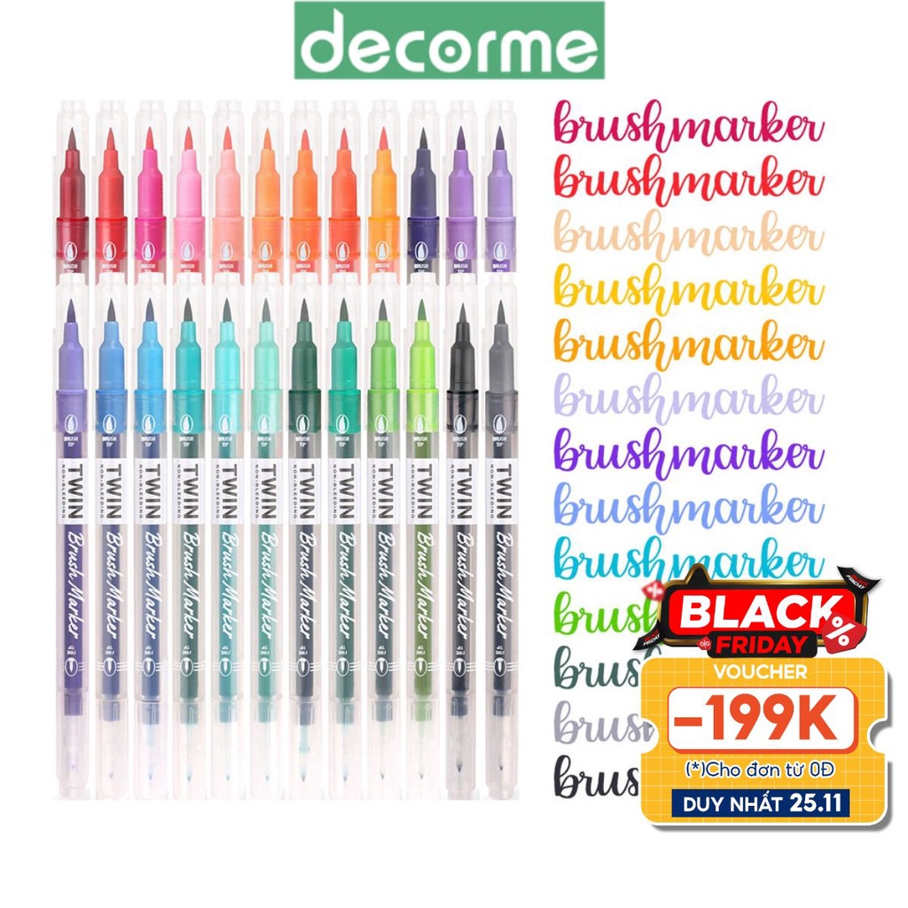 Bút Dual Brush Marker 24 màu Twin DecorMe dùng để viết calligraphy trang trí sổ tay bullet journal BDS