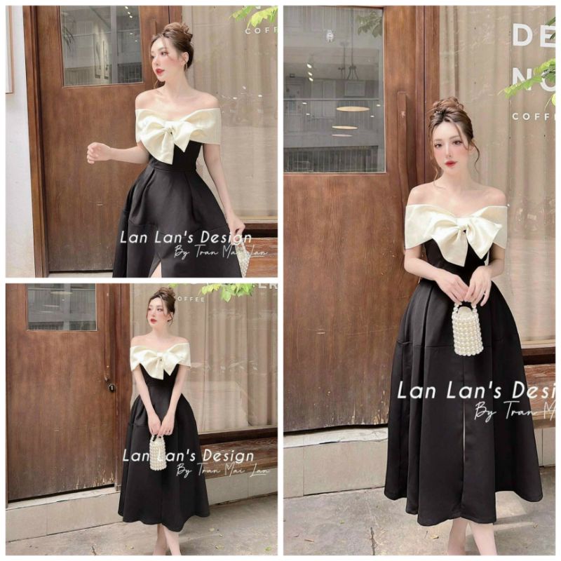 Đầm trễ vai body xuông nơ kiểu tiểu thư đầm dự tiệc chất tapda đầm váy xòe qua gối đi chơi hàng ngày