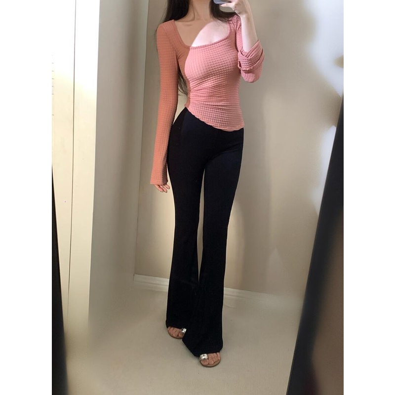 Áo Kiểu Cổ Vuông Tay Loe Dài Eo Cao Co Giãn Thời Trang Mùa Xuân Xinh Xắn Cho Nữ