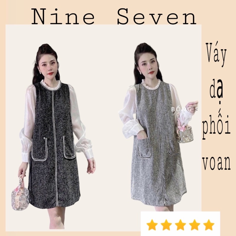 Đầm dáng suông dạ tiêu Váy dạ suông phối tay voan cổ bèo có túi hông màu đen xám