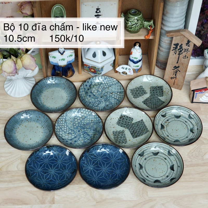 Bộ 10 Đĩa Chấm Men Lam - Gốm Sứ Nhật Bản