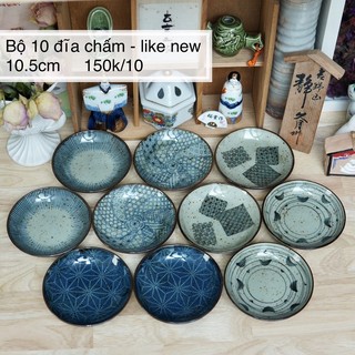 Bộ 10 đĩa chấm men lam - gốm sứ nhật bản