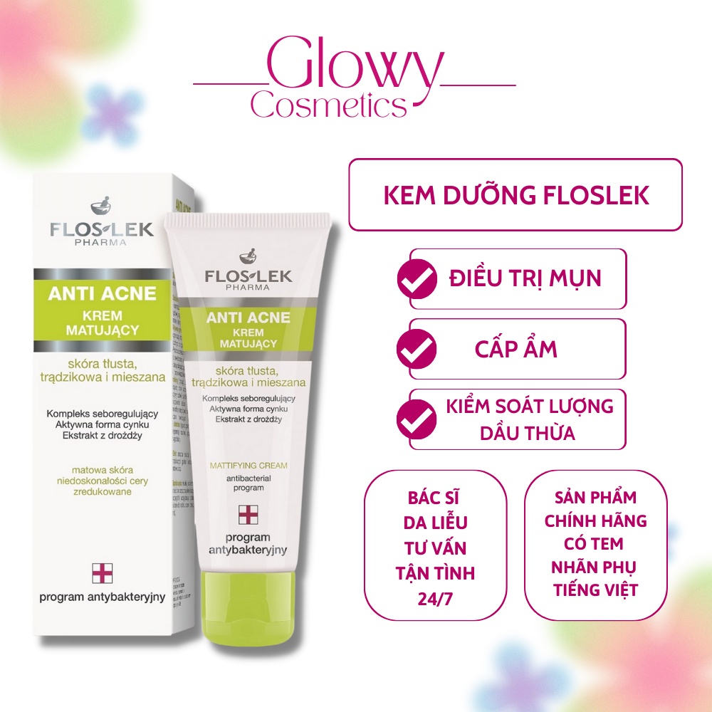 Kem Floslek Kiềm Dầu Và Dưỡng Ẩm Floslek Anti Acne Mattifying Cream 50 ml - Glowy Cosmetics