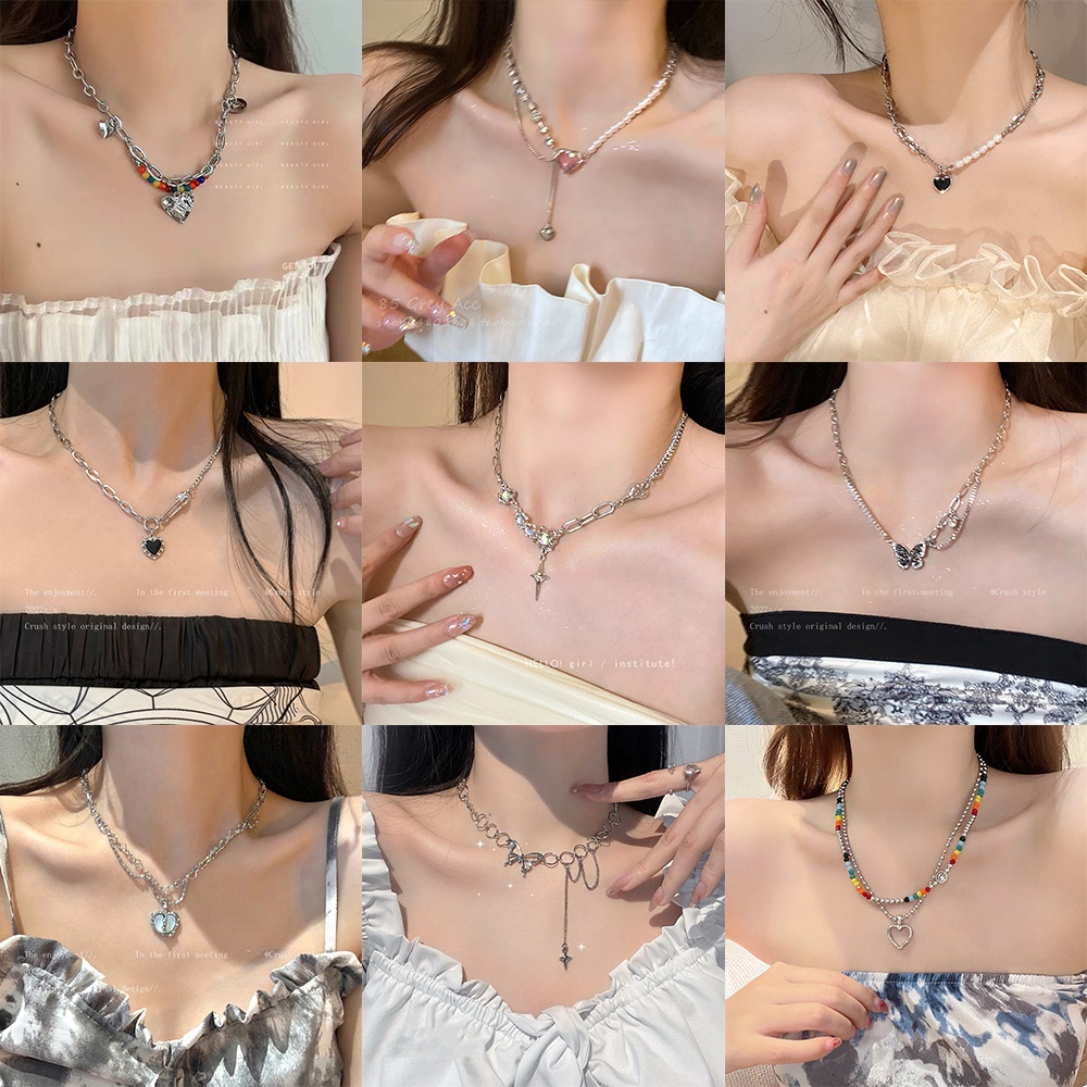 Vòng cổ 17KM Y2K mạ bạc mặt trái tim đính đá pha lê thời trang cho nữ nhiều kiểu dáng lựa chọn