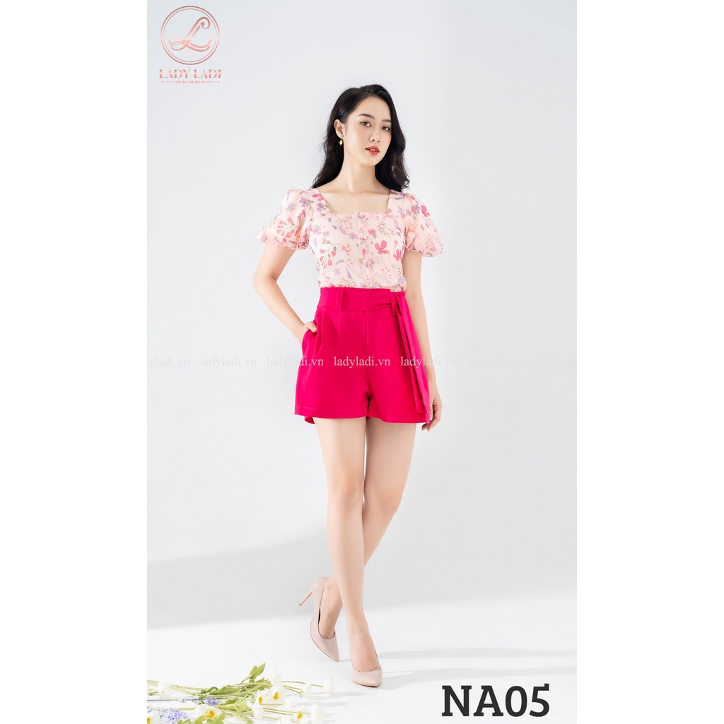 Áo hoa nhí tay bồng cổ vuông LADI màu hồng sáng da chất tơ bay nhẹ nhàng NA05