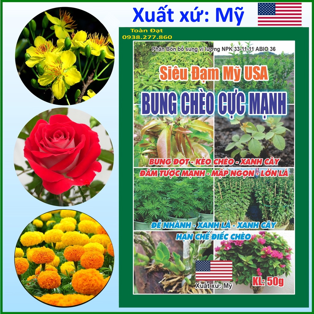 Siêu Bung Chèo Vọt Đọt, Siêu Đạm nhập Mỹ 33-11-11+Te (gói 50g), dùng cho hoa kiểng, vạn thọ, rau màu...
