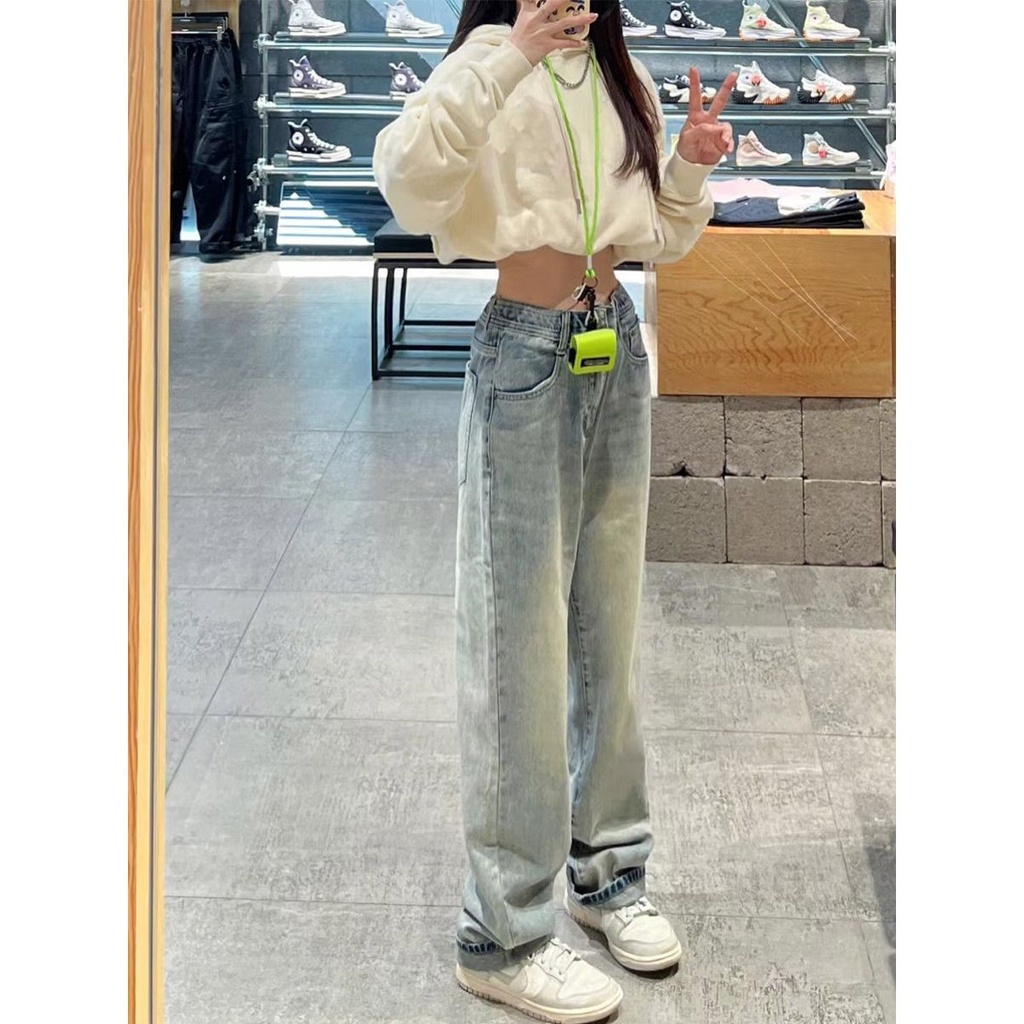 Ethelgirl Quần Jean Nữ Lưng Cao Ống Đứng Phong Cách Đường Phố Mỹ vintage