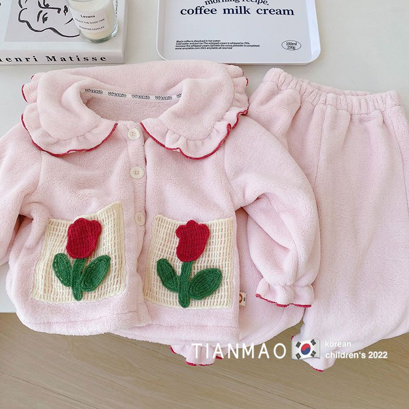 Bộ Đồ Ngủ Lông Cừu San Hô Dày Dặn Phong Cách Phương Tây Thời Trang Thu Đông 2022 Mới Cho Bé Gái